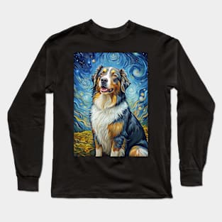 Australian Shepherd Dog Breed Painting in a Van Gogh Starry Night Art Style Long Sleeve T-Shirt